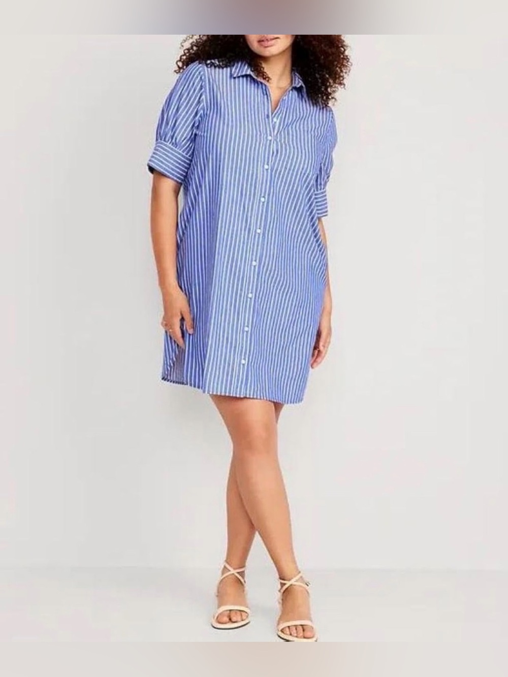 Striped Blue Cotton Button-Front Short Sleeve Midi Shirt Dress With Pockets (M)